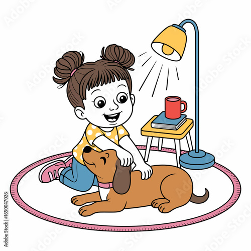 A cheerful child cuddles a dog in a brightly lit room, reflecting the joy and affection that pets bring to our lives and the happiness of childhood.