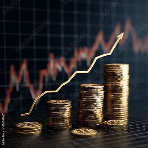 Gold coins stacked high with a golden arrow graph indicating financial growth and profit finance investment