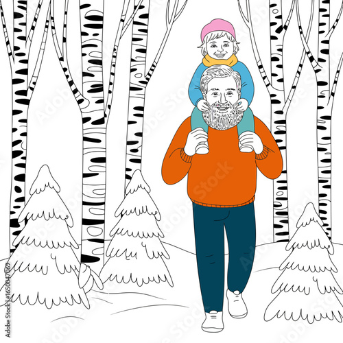A happy grandfather carries his grandchild on his shoulders through a whimsical winter landscape filled with snow-covered trees, creating a heartwarming moment of joy.