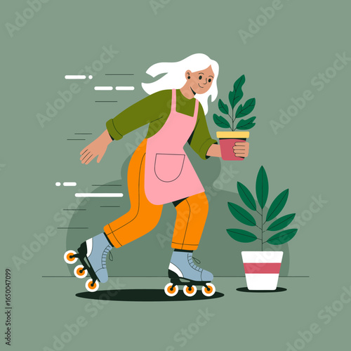 A vibrant woman on roller skates efficiently transports a potted plant, reflecting a lively spirit, love for gardening, and the blend of fun with nurturing nature.