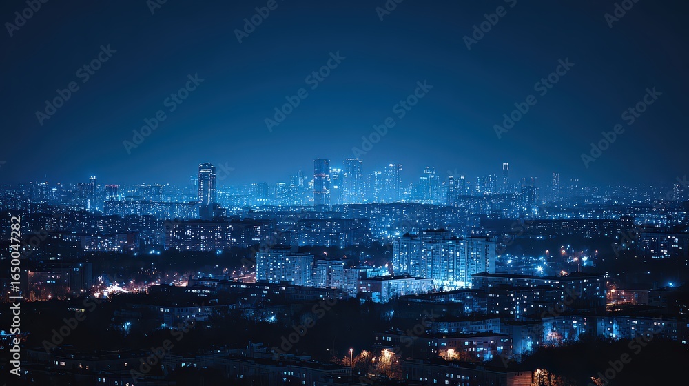 Obraz premium Night City Panorama Wide Angle View