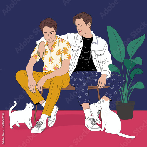 Two friends seated together with adorable cats around them, exuding warmth and joy in a bright and engaging indoor environment with playful vibes.