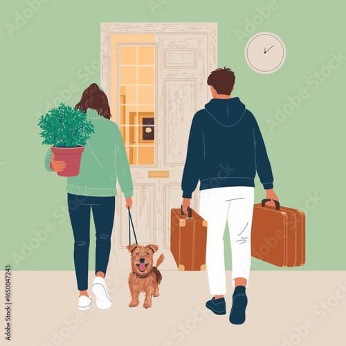 A couple is seen leaving their home with a dog and luggage, capturing a warm moment of departure filled with excitement and anticipation for their journey ahead.