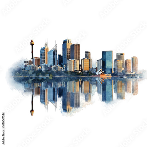 Cityscape Reflection: A vibrant cityscape reflects gracefully upon the water's surface, showcasing a modern metropolis of architectural marvels.