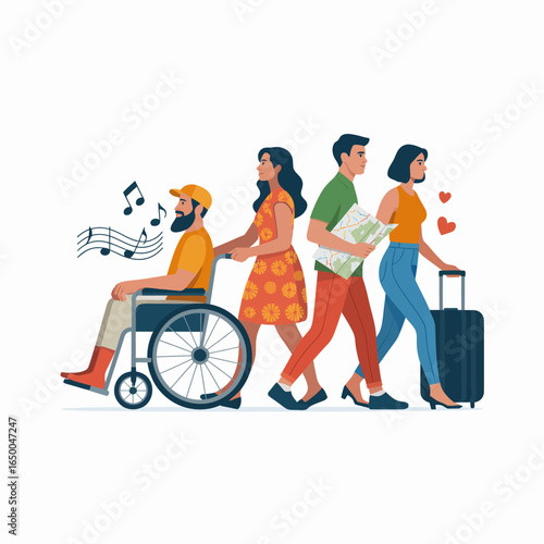 A lively group of individuals explores a vibrant environment together, engaging in conversation and sharing joyful moments, emphasizing connection and friendship.