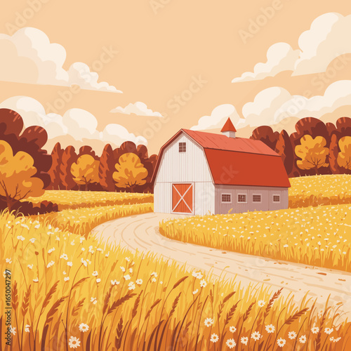 An elegant rustic barn set against a backdrop of golden fields and gentle clouds, evoking a sense of tranquility and the beauty of rural life.