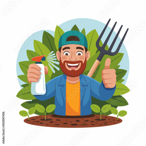 A smiling man joyfully sprays water on plants, embodying the excitement of nurturing a garden while fostering a positive relationship with nature and personal growth.
