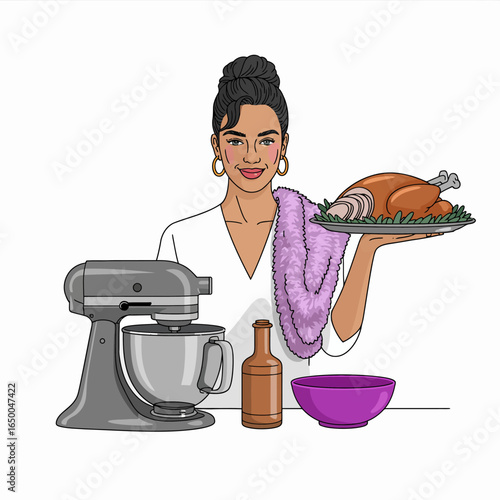 A woman proudly holds a beautifully roasted turkey, surrounded by kitchen equipment, showcasing culinary skills and the joy of preparing a festive meal.