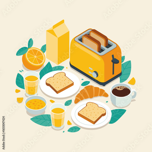 This delightful image features a colorful breakfast setup with toast, a toaster, coffee, and fresh fruit, embodying a cheerful morning vibe and healthy choices.