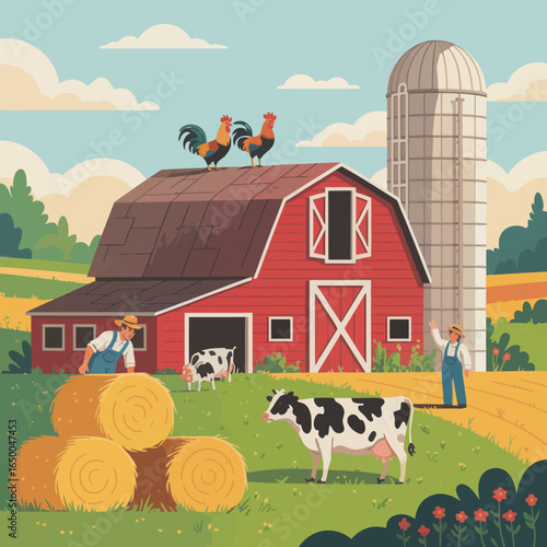 A picturesque farm scene featuring a red barn, cows grazing, hay bales, and a farmer working, evoking a sense of rural life and agriculture.
