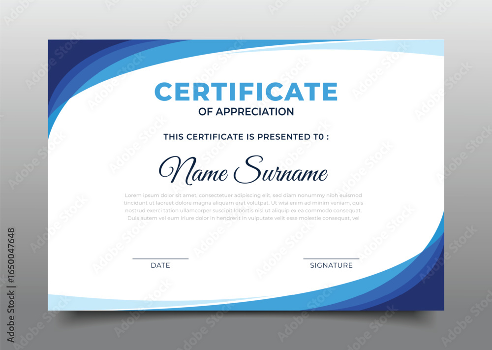 Obraz premium Modern Blue curvy gradient Business Certificate of appreciation template design
