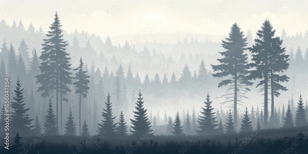 Fototapeta premium Misty forest landscape with tall evergreen trees