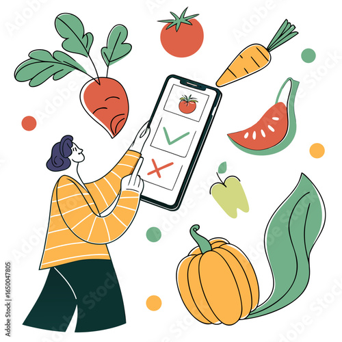 Person choosing fresh produce on phone shopping vegetables