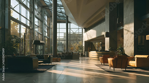 Sunlit Modern Lobby Interior with Large Windows and Comfortable Seating