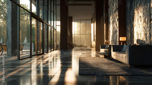 Sunlit Modern Hotel Lobby Interior with Stone Walls and Glass Windows