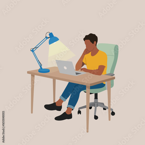 The image captures a man deep in thought while working on his laptop, reflecting the determination and dedication necessary for achieving success in one's endeavors.