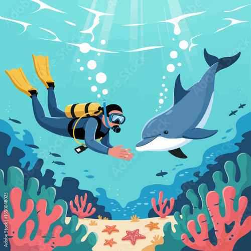 An underwater scene depicts a diver extending his hand to a dolphin, reflecting the wonder of marine exploration and the deep bond formed between humans and wildlife.