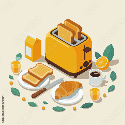 This image captures a detailed breakfast spread including toast, croissants, beverages, and a toaster, emphasizing a wholesome and inviting morning atmosphere.