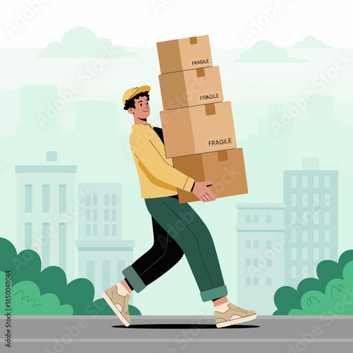 An upbeat delivery worker joyfully carrying fragile boxes labeled 'Fragile,' depicting an essential part of urban logistics in a friendly and inviting manner.
