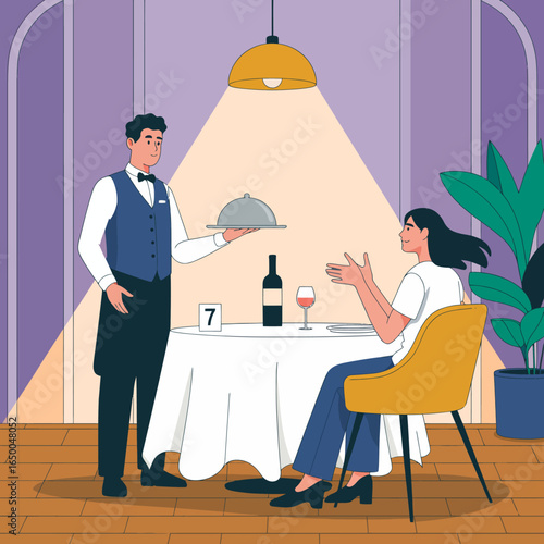 A charming restaurant scene where a waiter presents a dish to a woman at the table, highlighting the beauty of social dining and memorable moments.