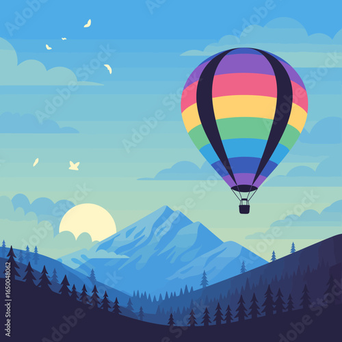 A vibrant hot air balloon floats serenely above stunning mountains under a clear sky, capturing the essence of adventure and the beauty of nature in perfect harmony.