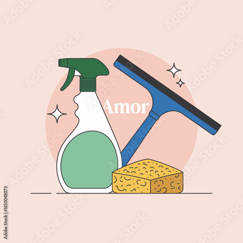 Promoting a clean lifestyle with Amor branded cleaning supplies, featuring a sleek spray bottle, a squeegee, and a cleaning sponge for an efficient home.