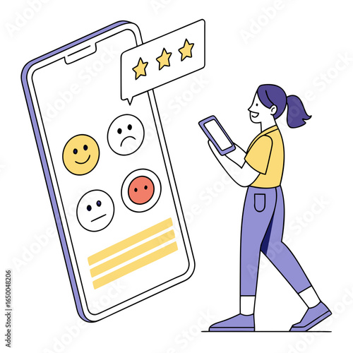 Woman reviews mobile app with emojis mobile phone app review