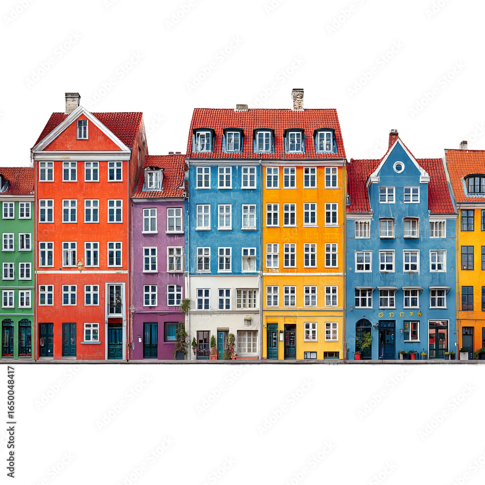 Fototapeta premium Vibrant Facade of a Cityscape: A captivating shot of colorful buildings in a row. Each with a unique charm, windows and doors, with the architecture design in the city.