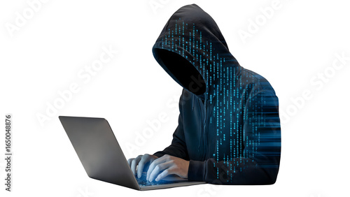 Mysterious hacker using laptop with binary code overlay, digital security threat
