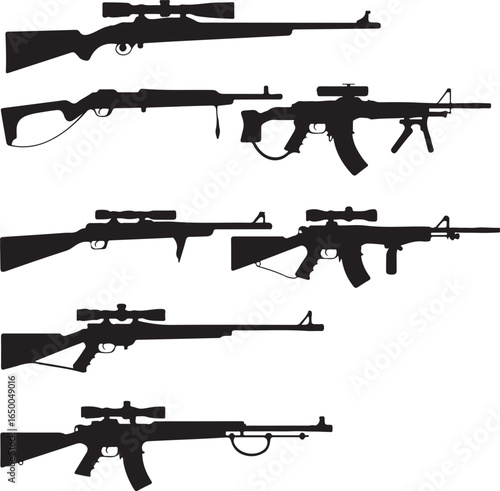 Assortment of rifle silhouettes with scopes and different stock designs firearm weapon