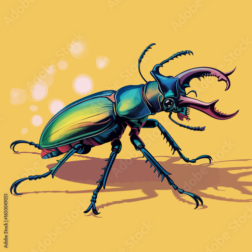 An artistic rendering of a vibrant beetle with contrasting colors and bold shadows, capturing its uniqueness and beauty in a stunning abstract presentation.