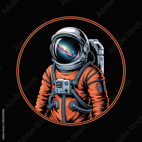 A captivating depiction of an astronaut in an orange suit, viewing a stunning galaxy through a reflective helmet, symbolizing discovery and the beauty of space.