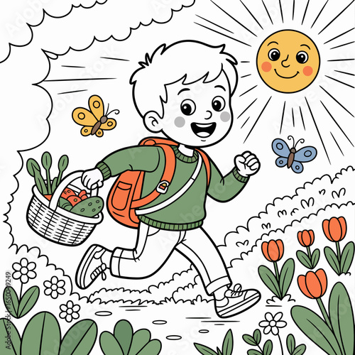 The illustration shows a delighted child sprinting through a flowered path, holding a basket of vegetables, embodying nature's joy with a shining sun and butterflies around him.