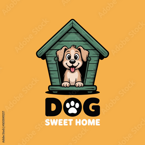 A joyful dog sits inside a cozy doghouse, looking out with a big smile. This image encapsulates the bond between pets and their homes, evoking feelings of happiness.