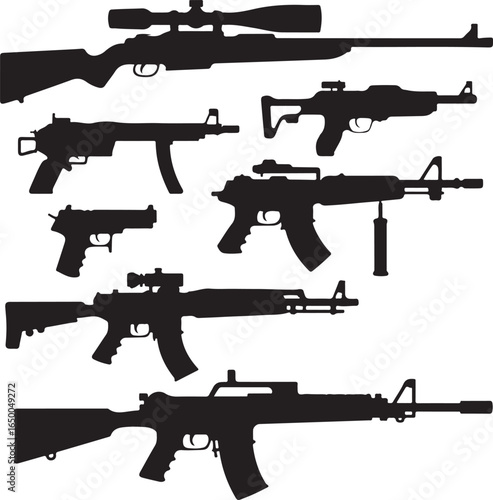 Assortment of firearms including rifles and pistols in silhouette Keywords: rifle, pistol, handgun
