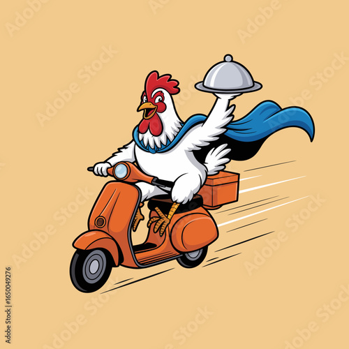 A heroic chicken rides a scooter, delivering food with a silver cloche in hand, showcasing a blend of fun and culinary enthusiasm that connects with joy and satisfaction.