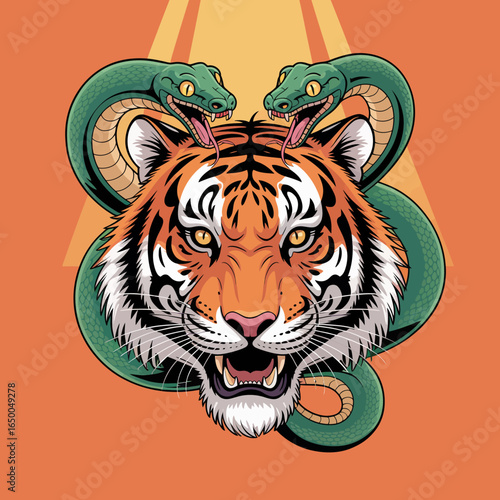An artistic depiction featuring a roaring tiger intertwined with two aggressive snakes, showcasing the raw power and beauty of nature's most formidable creatures.