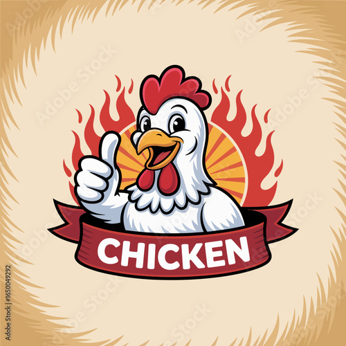 A striking illustration of a confident chicken giving a thumbs up, set against bold, fiery flames, perfect for branding in the food industry with a fun twist.