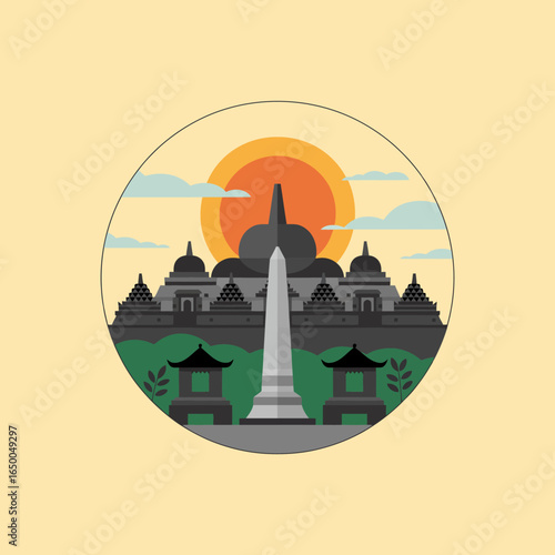 A beautifully simplistic illustration of Borobudur Temple bathed in sunrise colors, symbolizing hope, cultural pride, and the allure of ancient architecture.