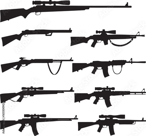 Assorted rifle silhouettes with scopes and straps on a white background Keywords: rifle, sniper rifle