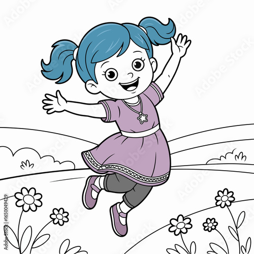 A joyful illustration of a girl with pigtails jumping happily in a green field filled with flowers, evoking feelings of carefree childhood joy and vibrant nature.