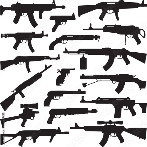 Collection of various firearms and handguns in silhouette form Keywords: gun, rifle, pistol, handgun