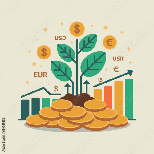 The image features multiple plants growing from coins, showcasing the synergy between financial investment and environmentally sustainable practices for a prosperous future.
