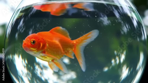 Two gold fish in a round glass bowl