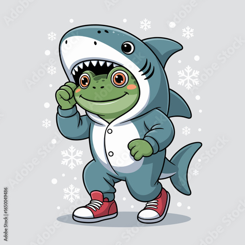 This vibrant image shows a dynamic frog character in a shark costume, encapsulating fun and energetic vibes, ideal for children's entertainment, stories, or creative illustration.