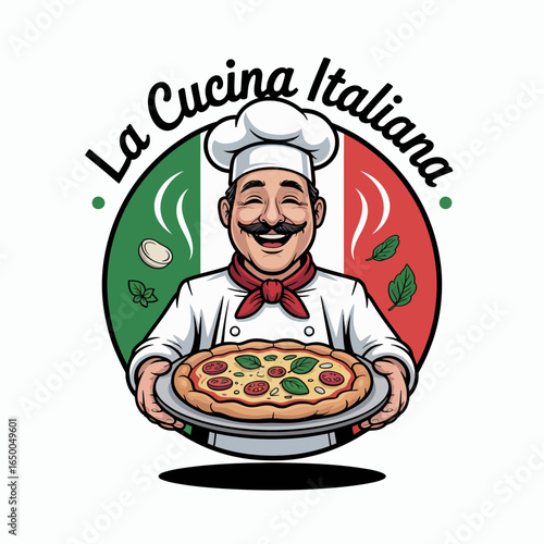 The illustration presents a seasoned chef proudly showing off a traditional Italian pizza, highlighting the love for authentic cuisine and the joyful spirit of cooking.