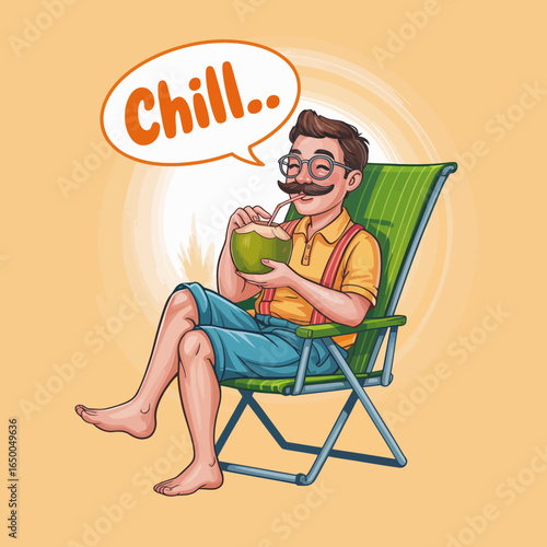 This image presents a charming man sipping coconut water while seated in a bright chair, radiating positivity, casual vibes, and a relaxed lifestyle.