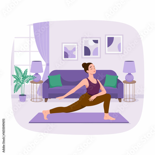 A woman stretches in a yoga pose on a mat in a stylish living room, representing fitness, tranquility, and personal growth, surrounded by inviting home elements and decor.