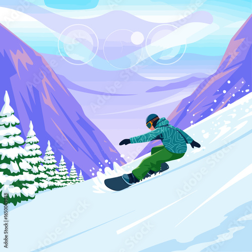 A dynamic snowboarding scene captures the thrill of winter sports, showcasing a rider skillfully navigating a stunning snowy mountain landscape with vibrant colors.