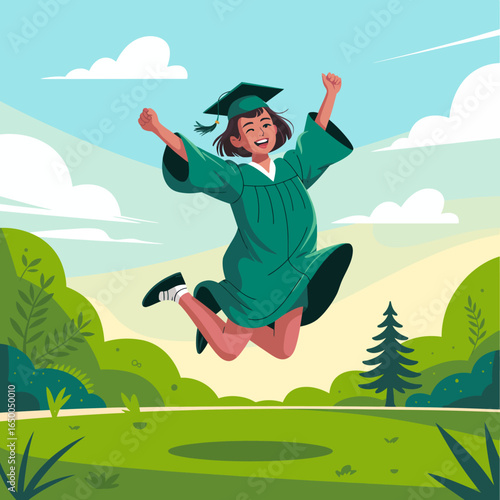 A happy graduate leaps joyfully in a green graduation gown outdoors, showcasing her accomplishment and exhilaration against a picturesque background of lush greenery.
